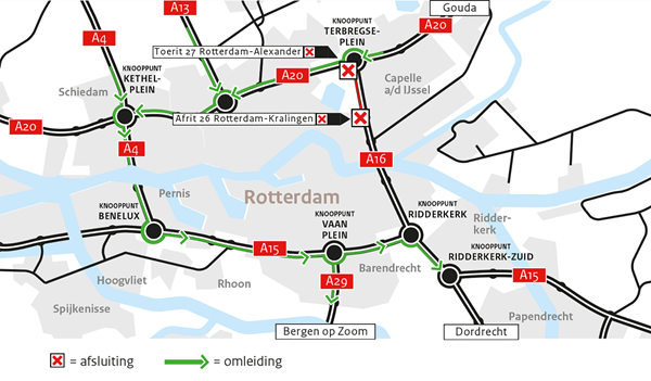 Weekendafsluiting A16 tussen Terbregseplein en Rotterdam Kralingen